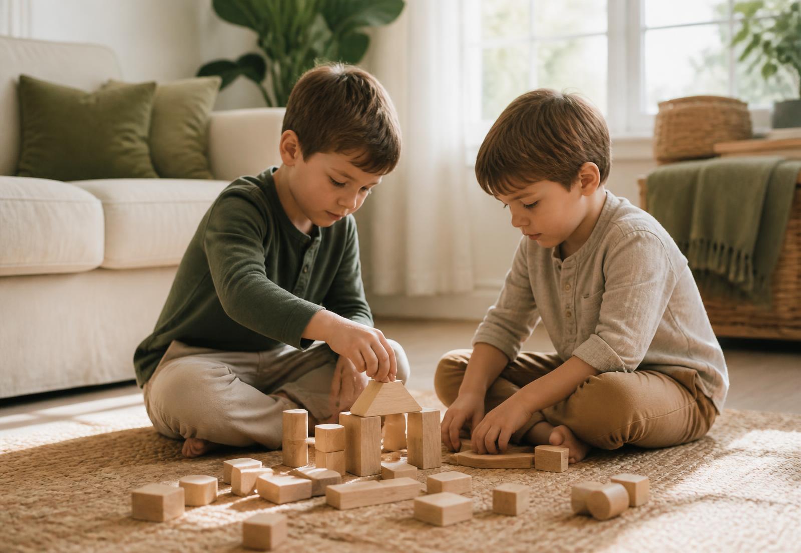 Two young boys playing calmly together with wooden blocks on a living room rug